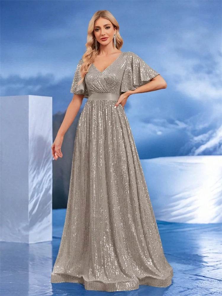 Luxury V Neck Evening Dress 2024 - Sequin A-Line Gown for Women - Buy Center UK