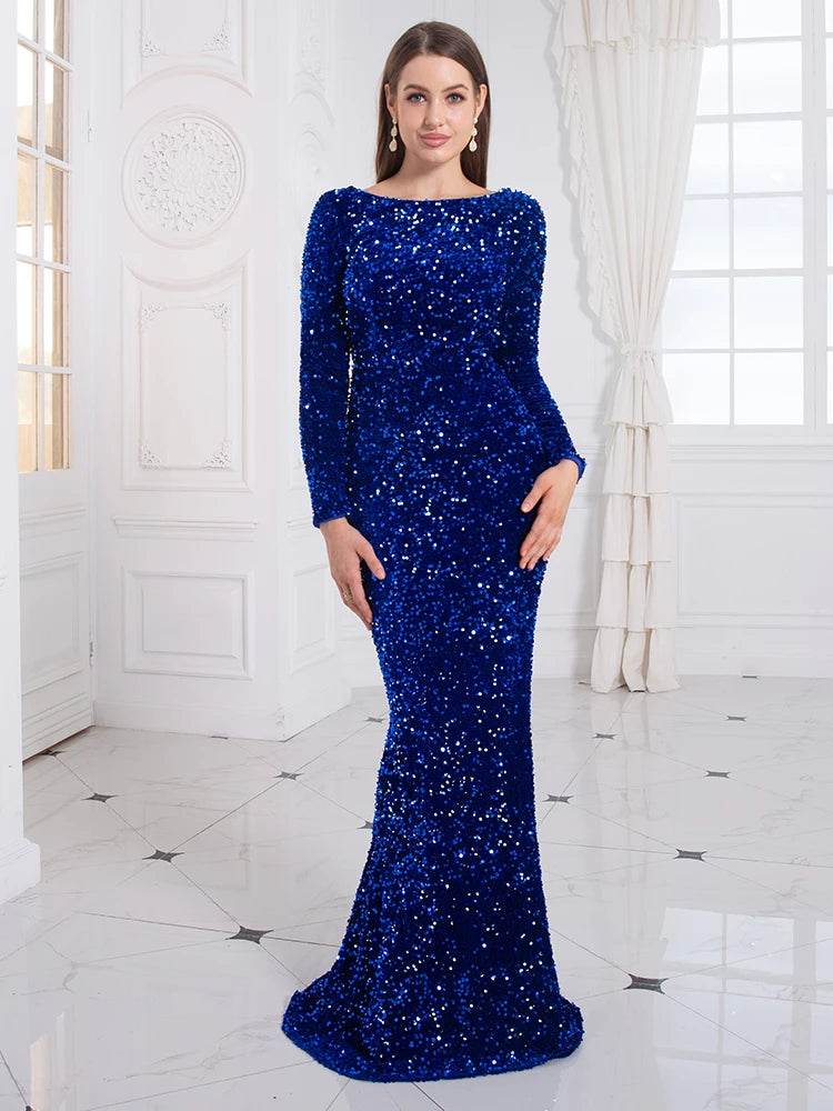 Romagic Royal Blue Sequin Mermaid Gown - Elegant Long Sleeve Dress - Buy Center UK