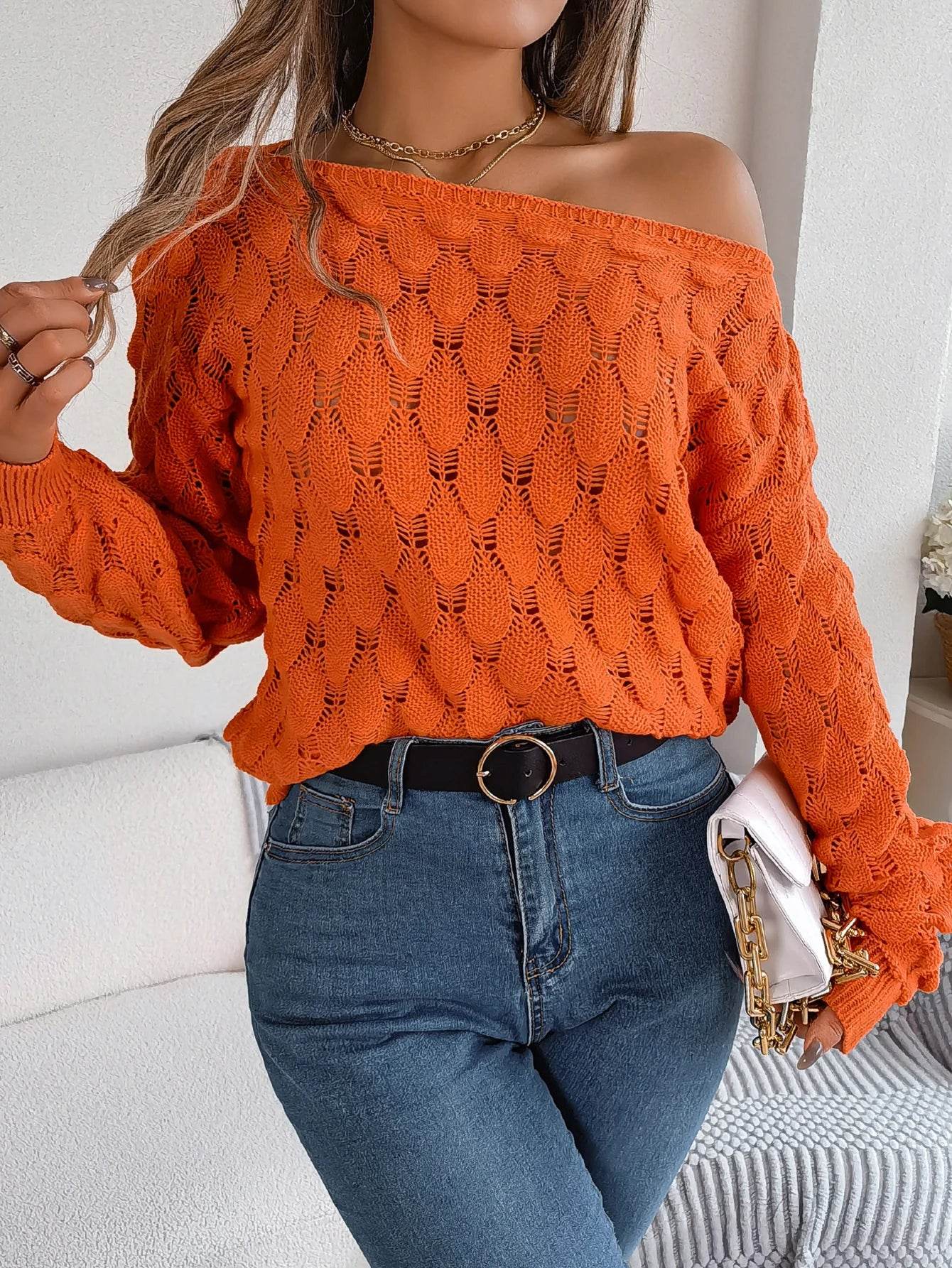 Buy Center Off Shoulder Hollow Out Sweater - Trendy Autumn Pink Top - Buy Center UK