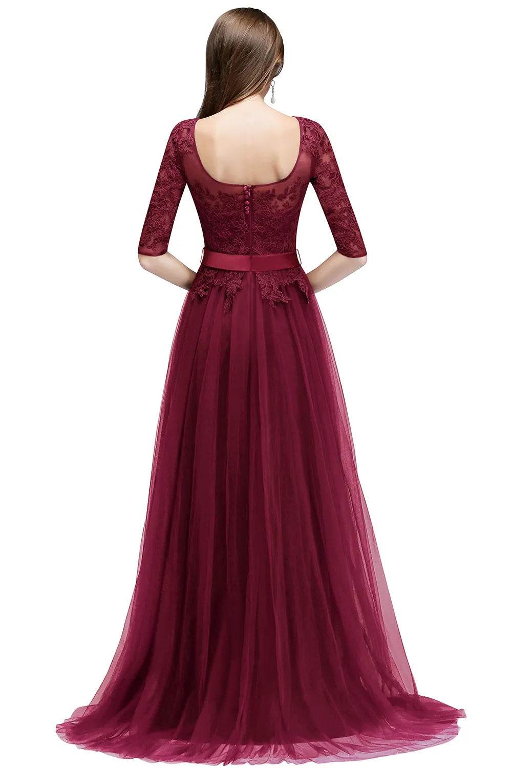 Elegant Scoop Neckline Tulle Dress - Lace Appliqué & High Split - Buy Center UK