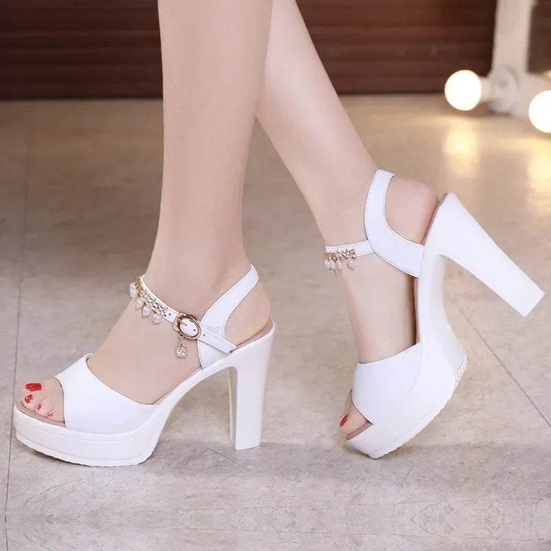 Elegant White Pearl Wedding Shoes - Women’s High Heels Sandals - Buy Center UK