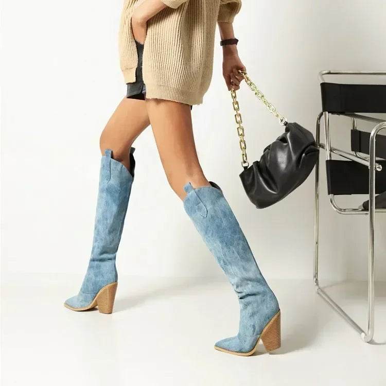 Buy Center Denim Western Knee High Boots - Stylish High Heel Design - Buy Center UK