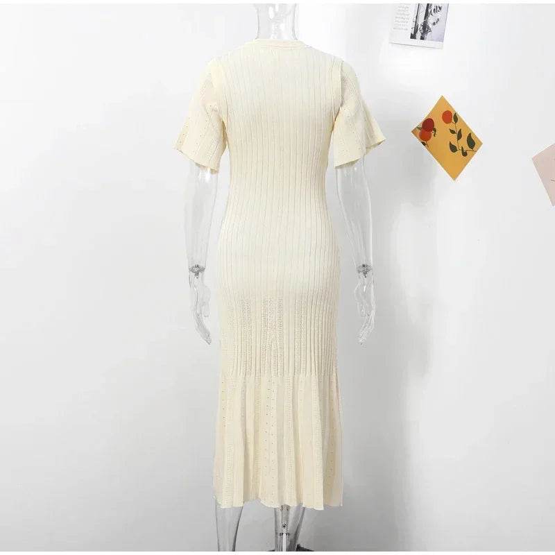 Elegant Women's Knit Dress - Slim O-Neck, Short Sleeve A-Line - Buy Center UK