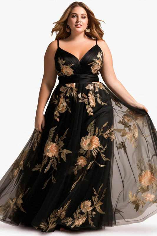 Flycurvy Plus Size Maxi Dress - Black Floral Embroidery Elegance - Buy Center UK