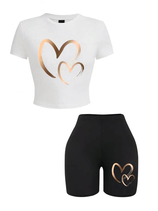 Buy Center Summer Women’s Slim-fit T-Shirt & Shorts Set - Hearts Pattern - Buy Center UK