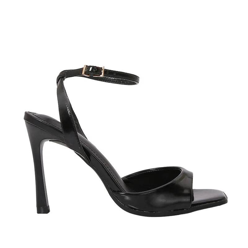 Elegant Black Patent Leather Heeled Sandals - Ankle Strap Design - Buy Center UK
