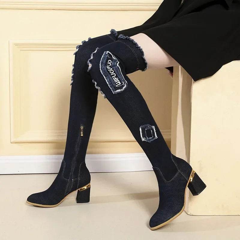 Women's Over The Knee Denim Boots - Pointed Toe High Heels - Buy Center UK