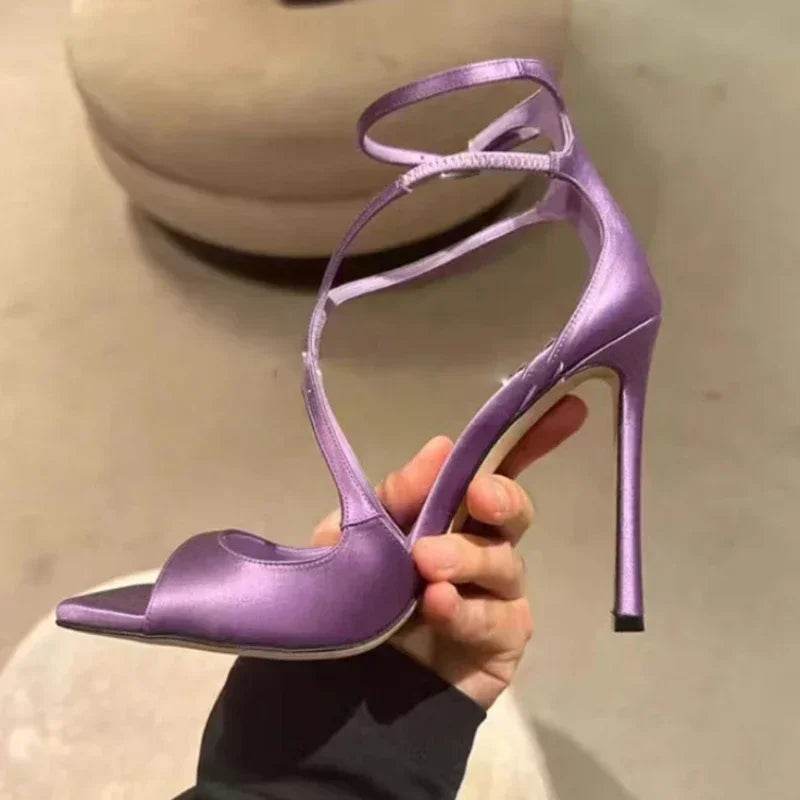 Elegant Purple High Heels - Luxury Satin Cross Strap Design - Buy Center UK