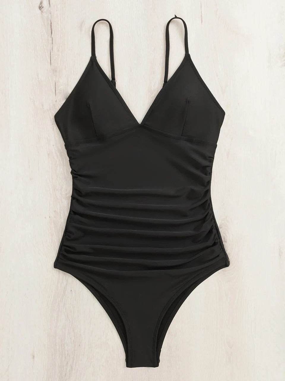 2024 Deep V Neck One Piece Swimsuit - Solid Ruched Design for Women - Buy Center UK