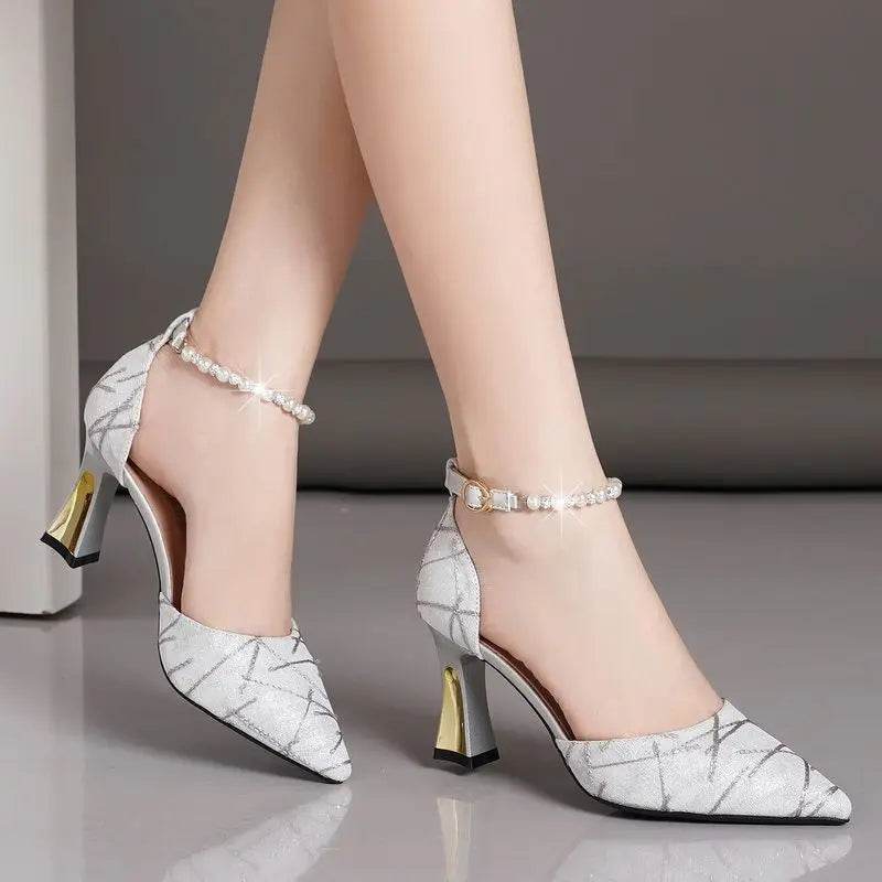 VKJF Women's High Heels Sandals - Pointed Tip & Bead Design - Buy Center UK