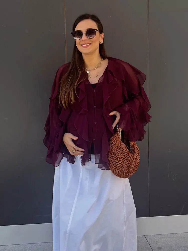 TRAFZA Women's Ruffles Blouses - Elegant V Neck Chic Tops - Buy Center UK
