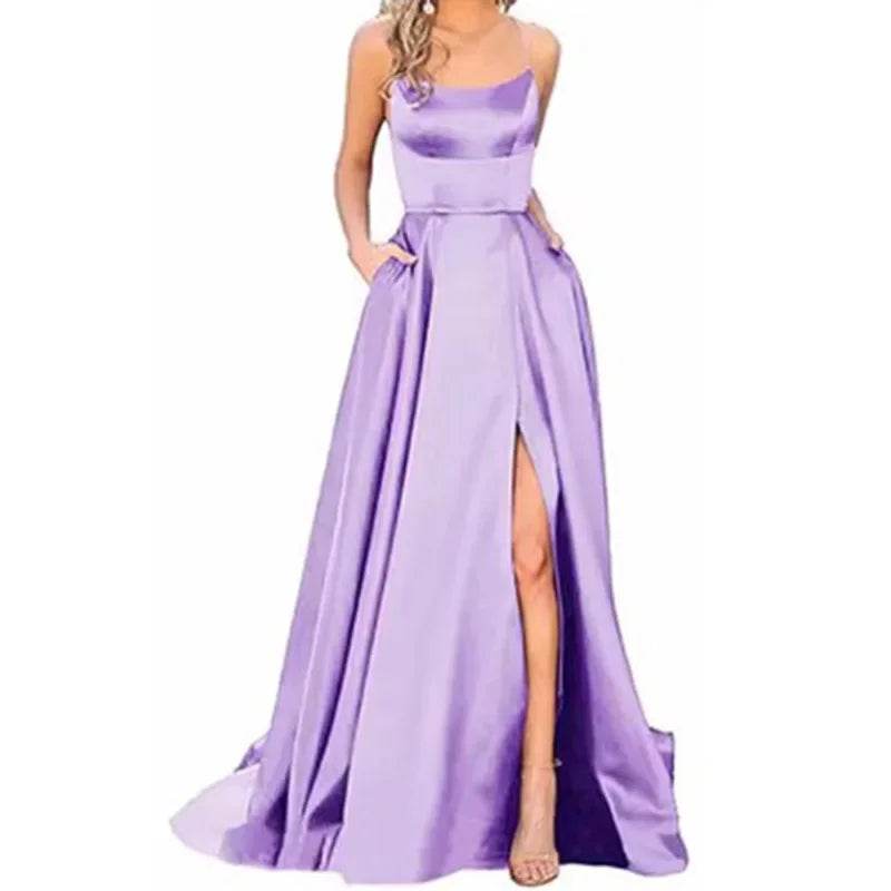 Buy Center Long Backless Satin Dress - Sexy Side Slit Evening Gown - Buy Center UK