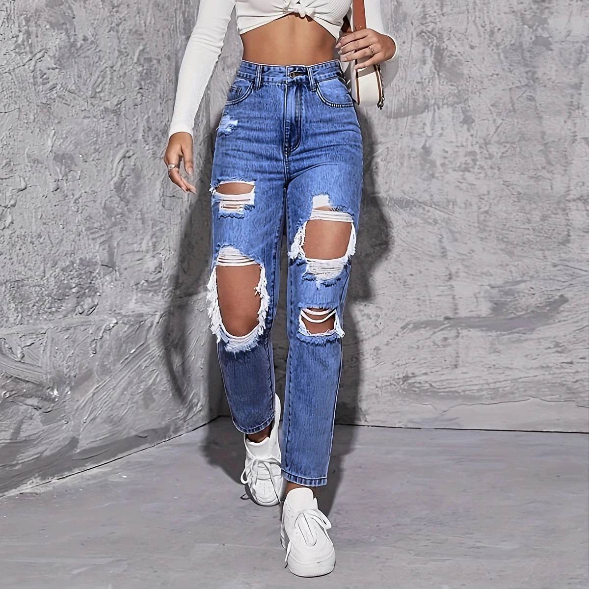 Buy Center High Waist Hole-Punched Jeans - Women’s Wide-Legged Style - Buy Center UK