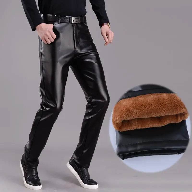 Buy Center Fleece-Lined Men's Leather Pants - Slim Fit, Black Style - Buy Center UK