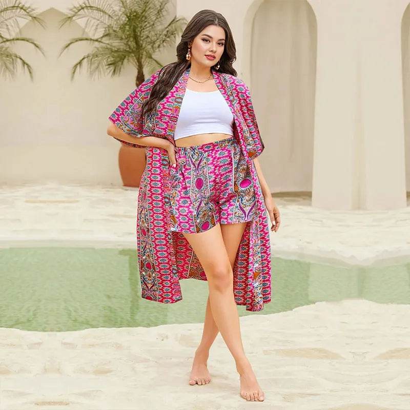 Plus Size Women's Bohemian Printed Two-piece Set - Kimono & Shorts - Buy Center UK