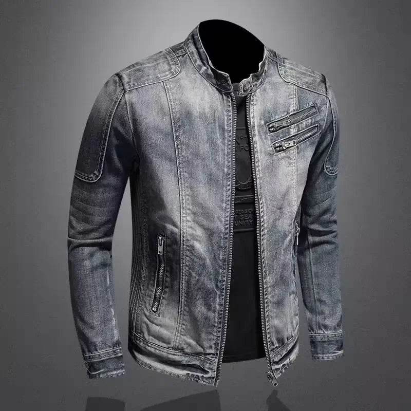 Trendy Stand Collar Zip-Up Denim Jacket for Men - Vintage Style - Buy Center UK