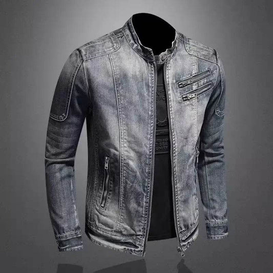 Trendy Stand Collar Zip-Up Denim Jacket for Men - Vintage Style - Buy Center UK