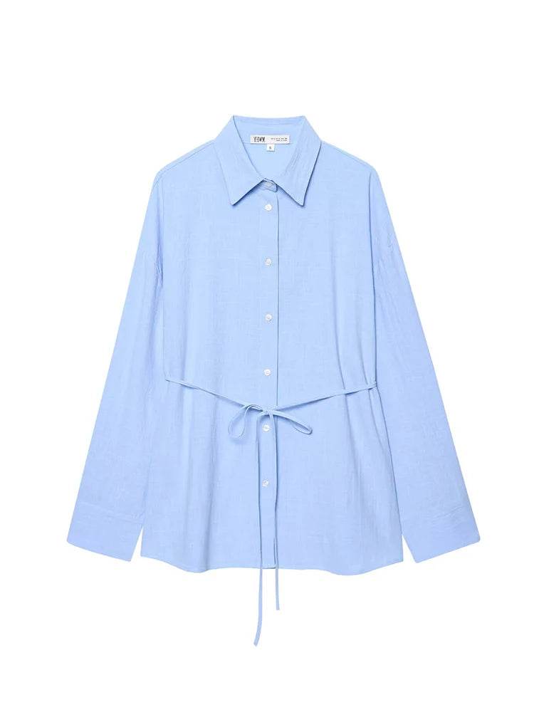 TFMLN Women's Loose Shirt with Belt - Stylish Long Sleeve Blouse - Buy Center UK