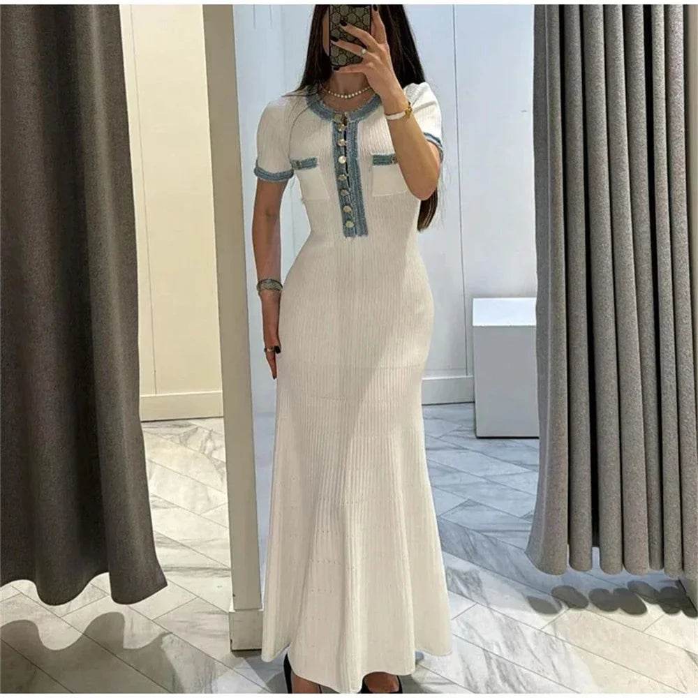 Buy Center Elegant Knit Maxi Dress - Chic O-neck with Metal Buttons - Buy Center UK