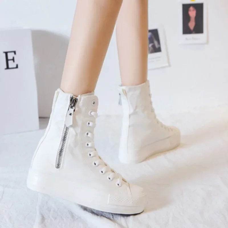 Women's High Top Canvas Sneakers - White Platform Lace Up Shoes - Buy Center UK