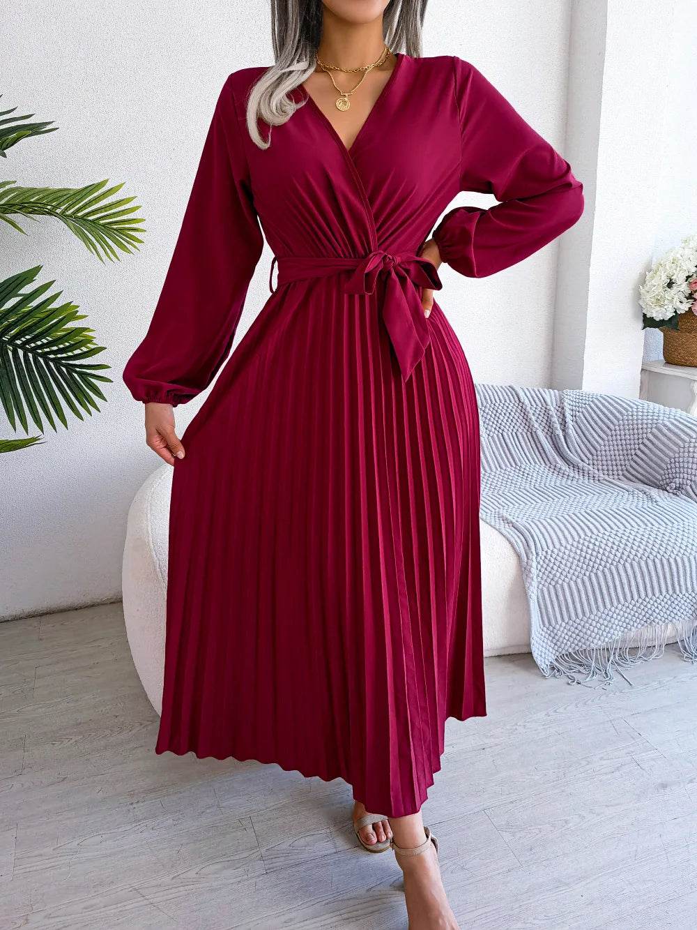 Buy Center Women’s Elegant V Neck Maxi Dress - Long Sleeve & Pleated - Buy Center UK