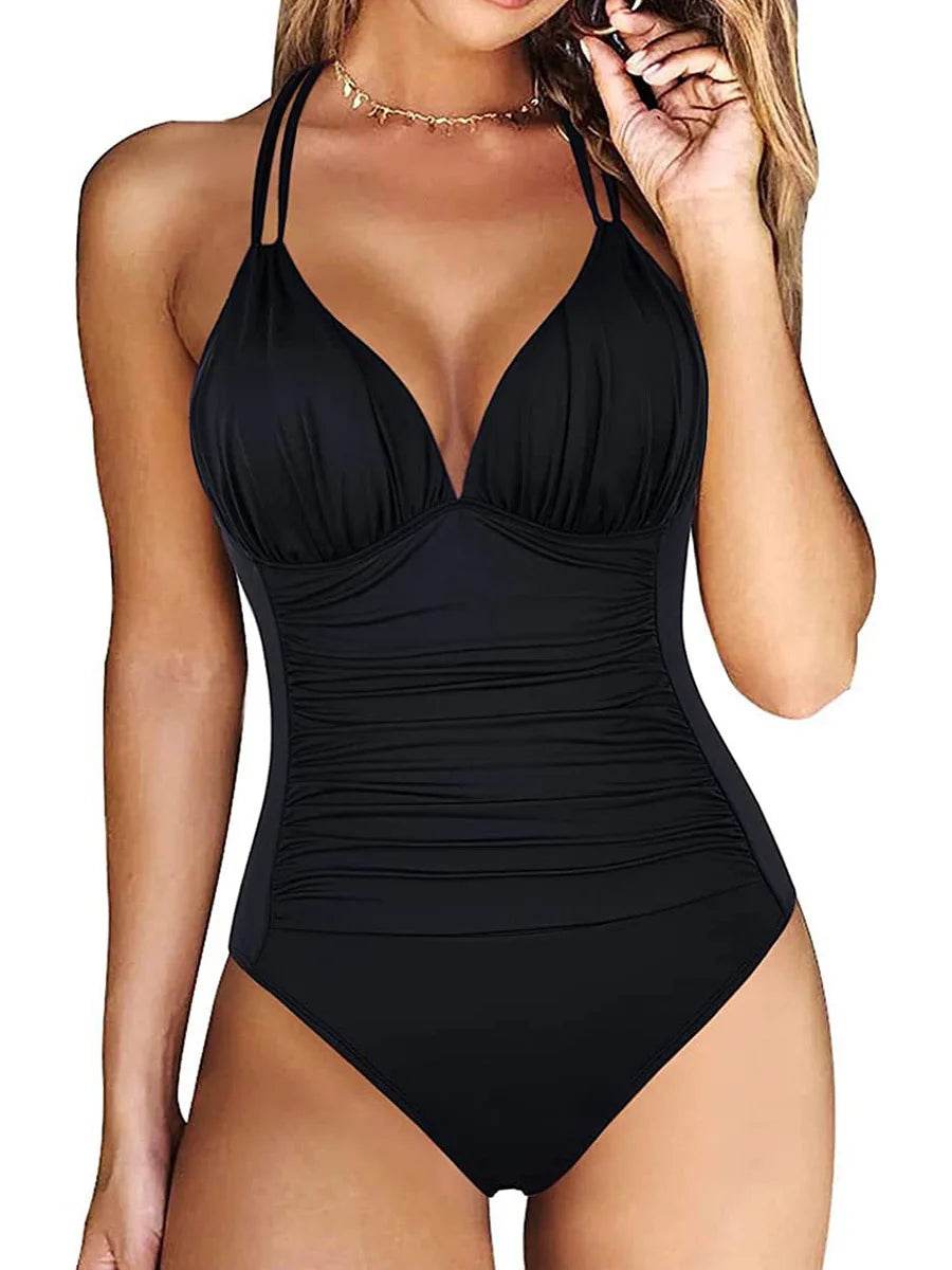 Ruched One Piece Swimsuit for Women - Elegant Backless Design - Buy Center UK