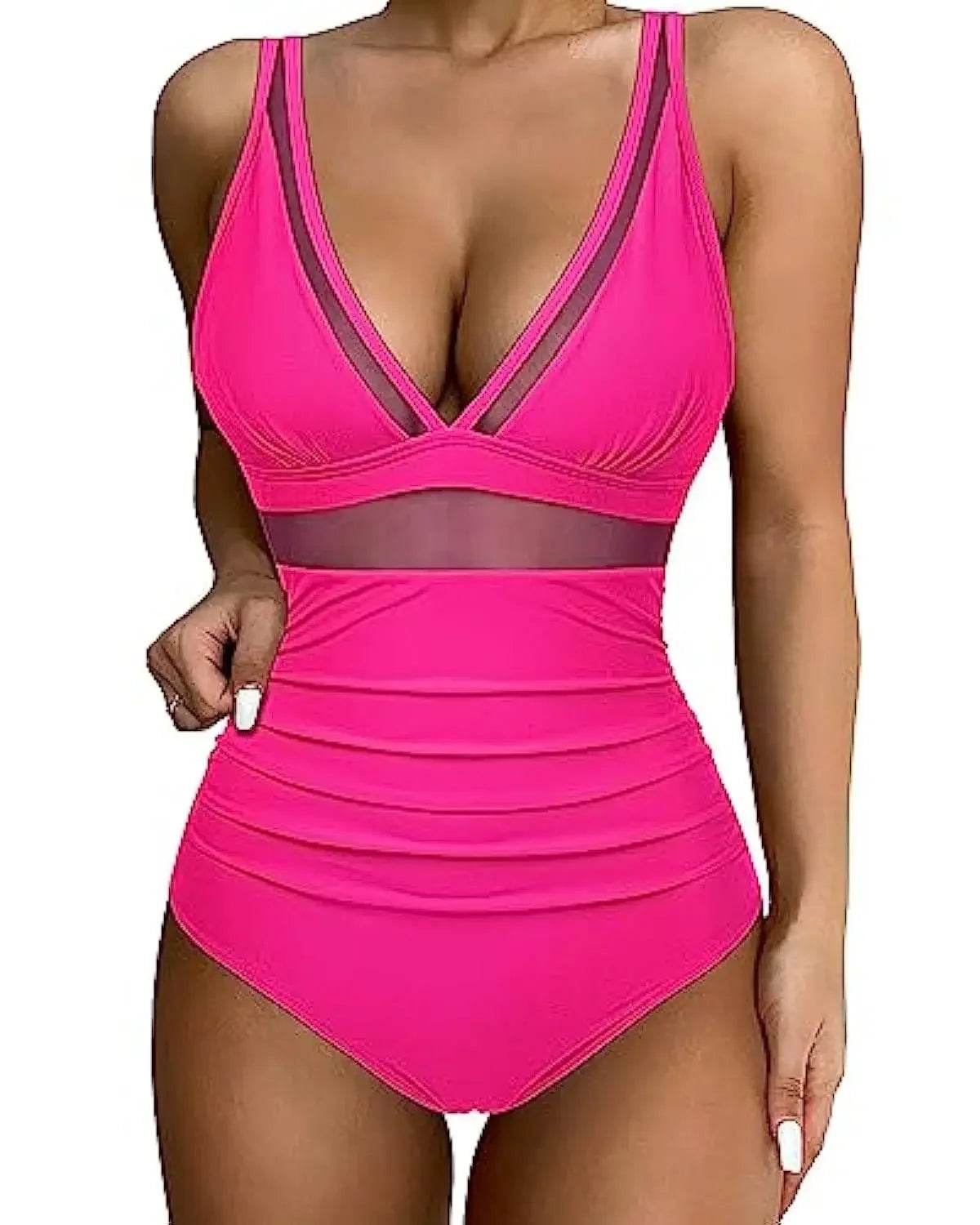 Buy Center Solid One-Piece Swimsuit - Deep V-Neck, Removable Bra - Buy Center UK