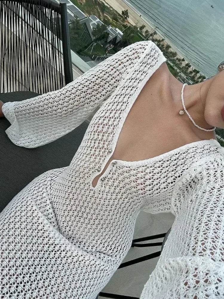 BWQ White Knit Maxi Dress - See-Through V-Neck Beach Cover Up - Buy Center UK
