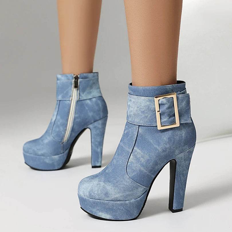 ENMAYER Women's Denim Platform Ankle Boots - Ultra-High Thick Heels - Buy Center UK