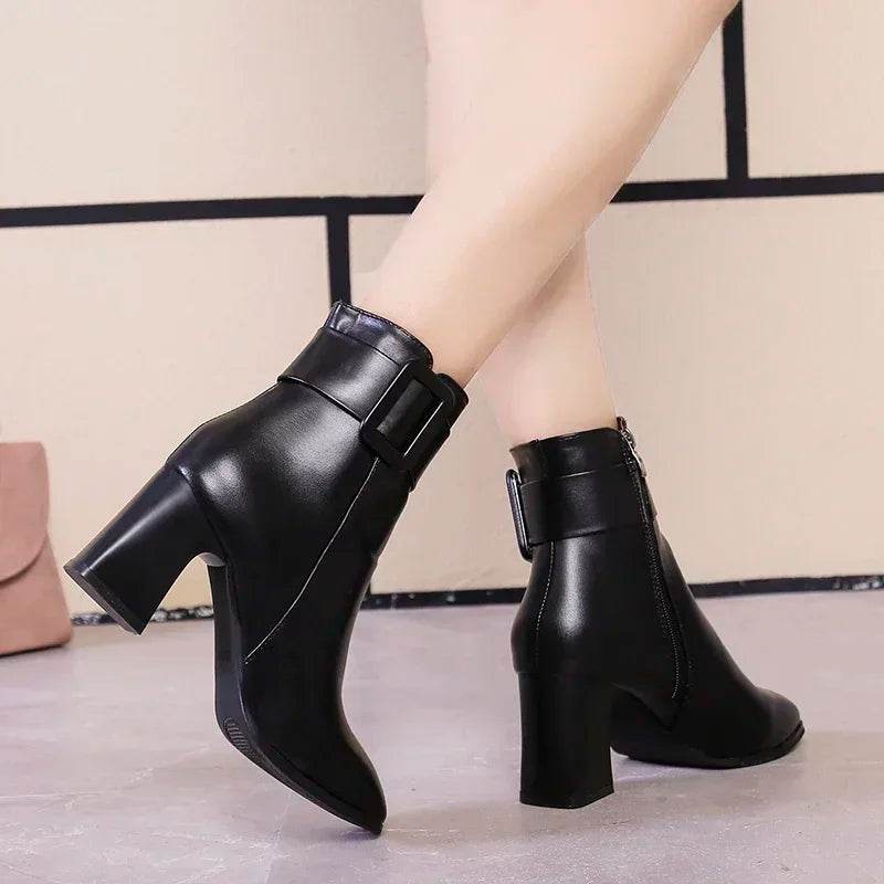Elegant Women's High Heel Ankle Boots - Square Toe & Buckle Detail - Buy Center UK