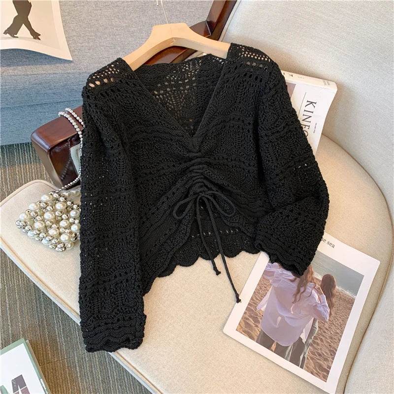 Buy Center Drawstring Front Crop Sweater - Lightweight Beach Top for Women - Buy Center UK