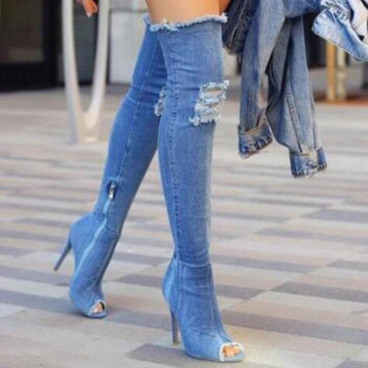 Buy Center Women’s High Heel Boots - Hollow Out Over Knee Denim - Buy Center UK