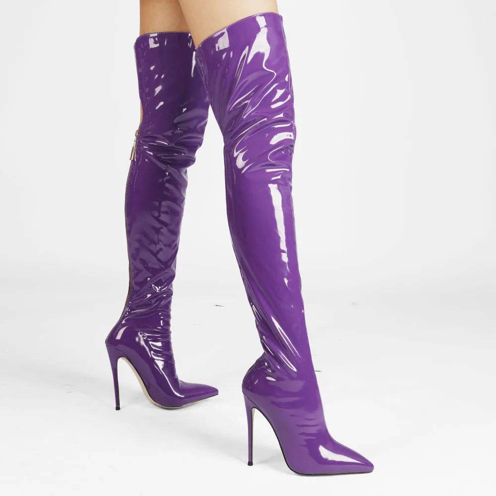 Buy Center Over Knee Boots - Patent Leather, Pointed Toe High Heels - Buy Center UK