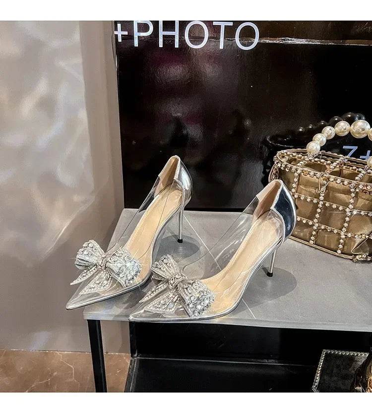 Women's Bow-Knot Rhinestone High Heels - Fashionable Silver Pumps - Buy Center UK