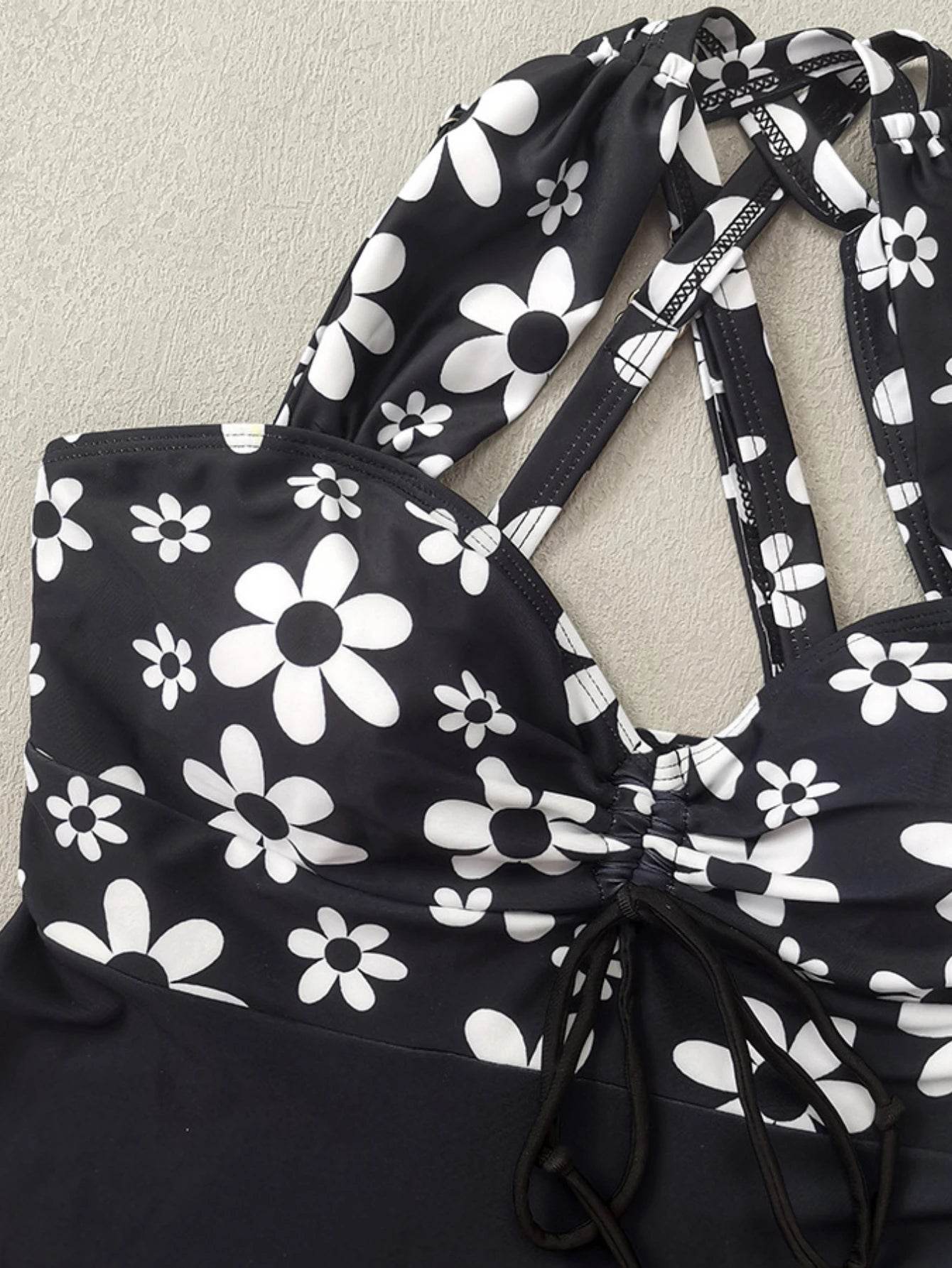 Vintage Black Flower Print Bikini Set - High Waist Crop Top Swimwear - Buy Center UK