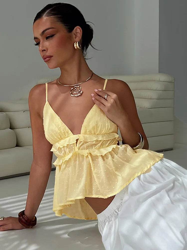 Buy Center Yellow Ruffled Lace-Up Shirt - Lightweight V Neck Blouse - Buy Center UK