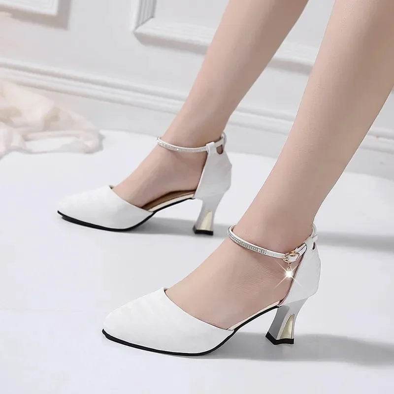 Elegant Women's White Buckle Strap Square Heel Pumps for Office - Buy Center UK