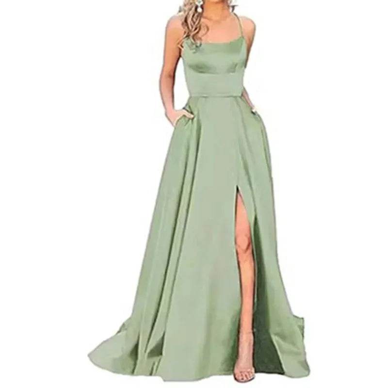 Buy Center Long Backless Satin Dress - Sexy Side Slit Evening Gown - Buy Center UK