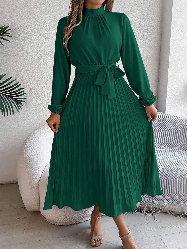Msfilia Elegant Stand Collar Dress - Full Sleeve High Waist Design - Buy Center UK