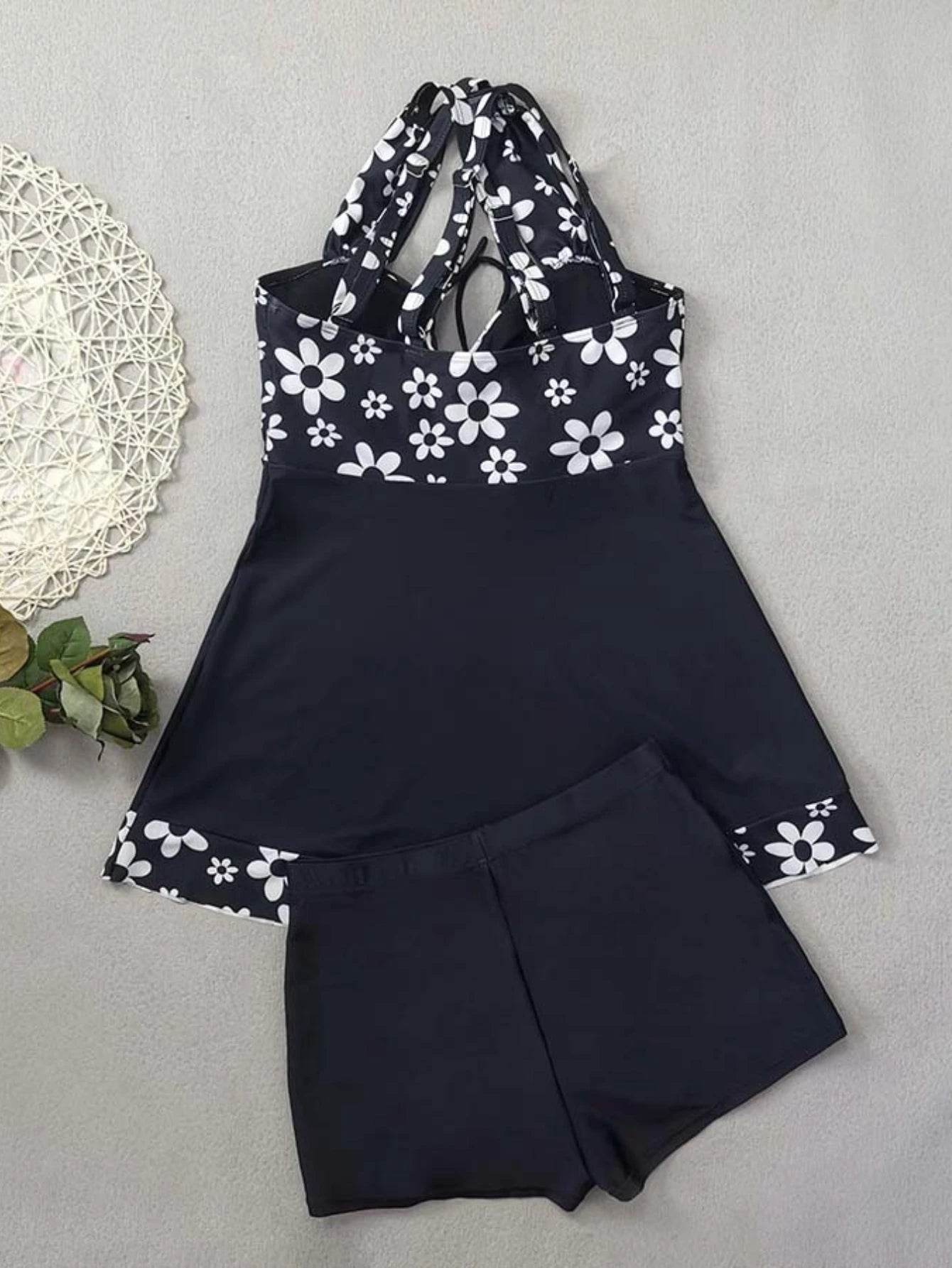 Vintage Black Flower Print Bikini Set - High Waist Crop Top Swimwear - Buy Center UK