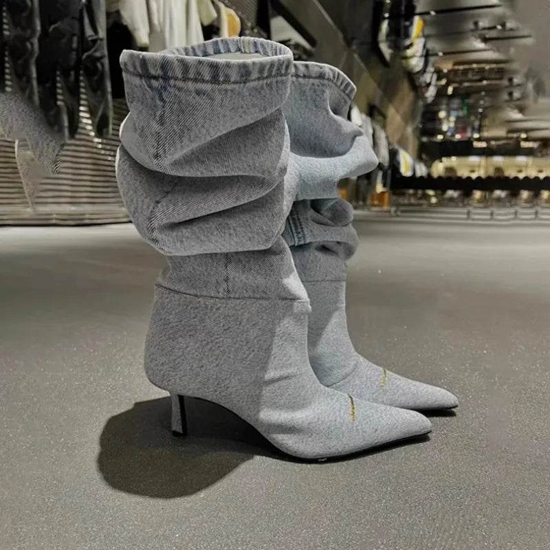 Wind Pointed Folded Pile Boots - Stiletto High Heels for All Seasons - Buy Center UK