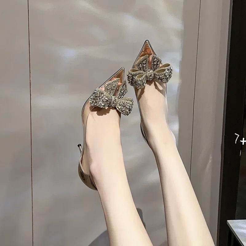 Women's Bow-Knot Rhinestone High Heels - Fashionable Silver Pumps - Buy Center UK