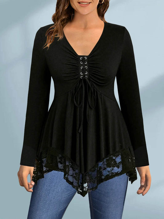 Buy Center Women’s Long Sleeve T-Shirt - Black Lace-Up V-Neck Top - Buy Center UK