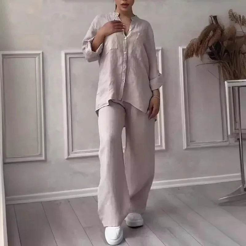 Buy Center Women's Linen Drawstring Shirt & Wide Leg Pants Set - Buy Center UK