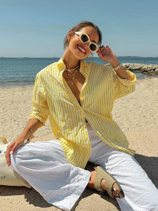 Elegant Yellow Striped Women's Casual Loose Shirt - Summer Style - Buy Center UK