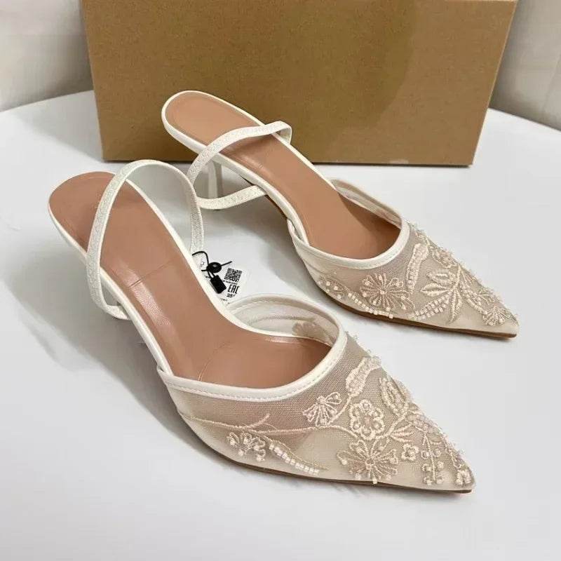 Elegant White Slingback Wedding Pumps - Embroidered Design for Women - Buy Center UK