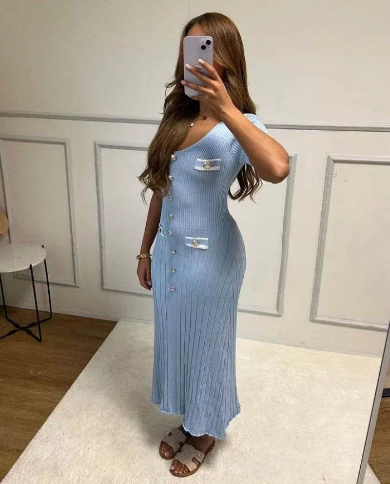Elegant Knitted Maxi Dress - Bodycon Short Sleeve with Ruffles - Buy Center UK
