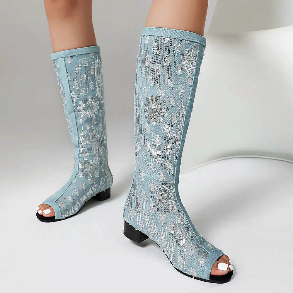 Women's Peep Toe Knee High Boots - Plus Size 45, Chunky Heels - Buy Center UK