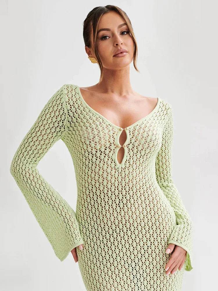 BWQ White Knit Maxi Dress - See-Through V-Neck Beach Cover Up - Buy Center UK