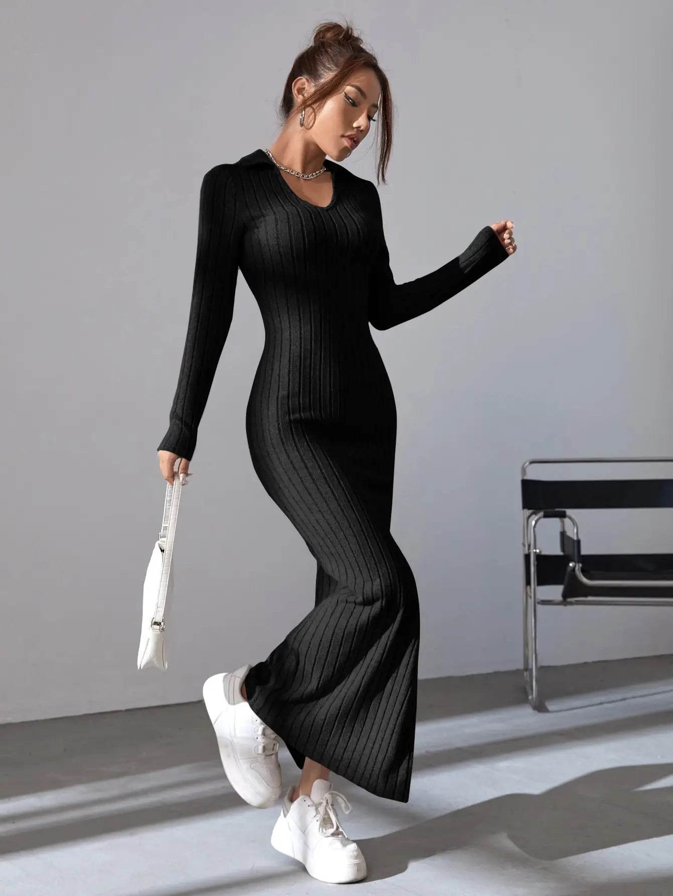 Buy Center Black Slimming Dress - V-Neck Knit Waist Wrap Design - Buy Center UK